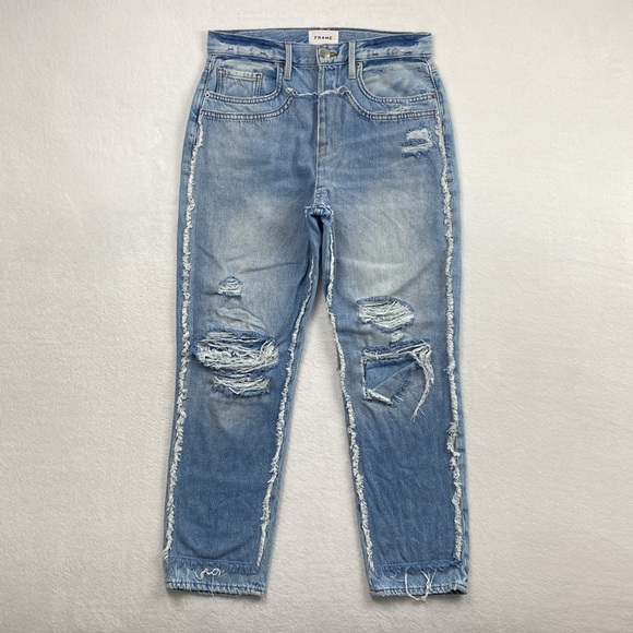 Frame High Waist Straight Leg Double Knee Patch Distressed Jean (Coast Combo) - Picture 3 of 16